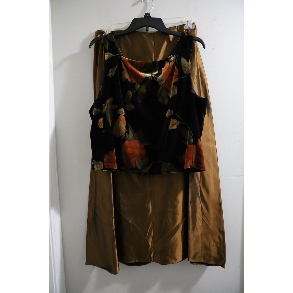 Coldwater Creek Floral Velvet Top & Bronze Taffeta Maxi Skirt Set P16 PXL NEW